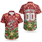 Personalised Dolphins Rugby Christmas Couples Matching Short Sleeve Bodycon Dress and Hawaiian Shirt Santa Rugby Mascot - Pine Wreath Festive