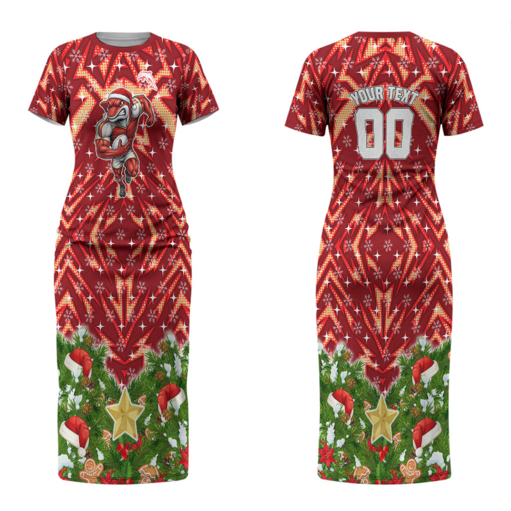 Personalised Dolphins Rugby Christmas Couples Matching Short Sleeve Bodycon Dress and Hawaiian Shirt Santa Rugby Mascot - Pine Wreath Festive