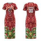 Personalised Dolphins Rugby Christmas Couples Matching Short Sleeve Bodycon Dress and Hawaiian Shirt Santa Rugby Mascot - Pine Wreath Festive