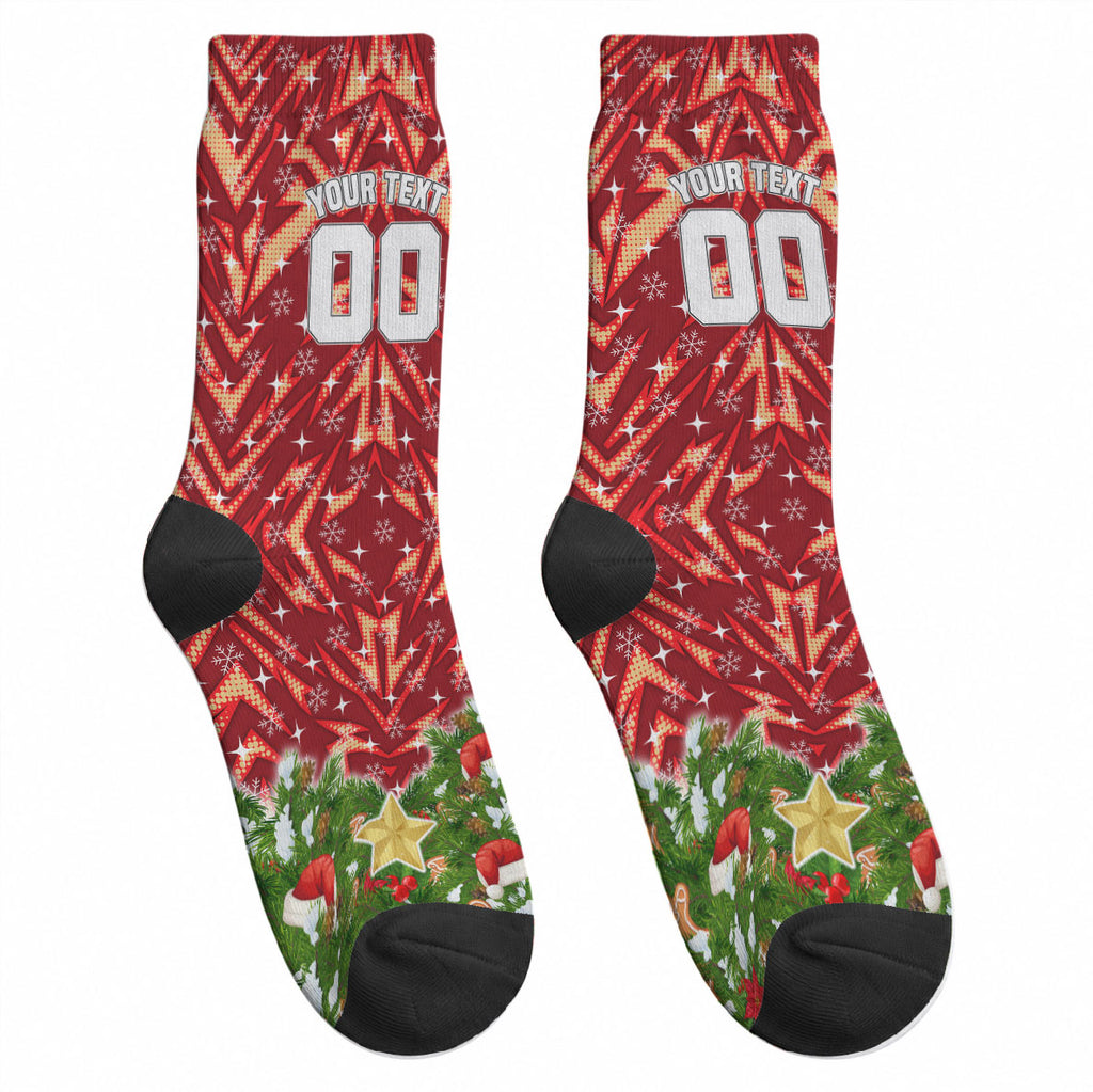 Personalised Dolphins Rugby Christmas Crew Socks Santa Rugby Mascot - Pine Wreath Festive