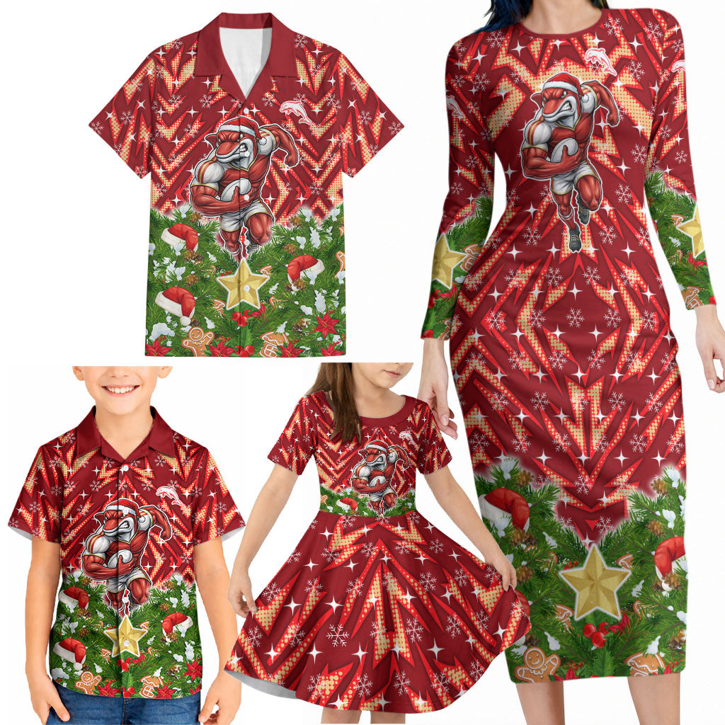 Personalised Dolphins Rugby Christmas Family Matching Long Sleeve Bodycon Dress and Hawaiian Shirt Santa Rugby Mascot - Pine Wreath Festive