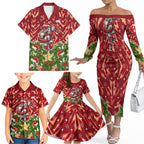 Personalised Dolphins Rugby Christmas Family Matching Off The Shoulder Long Sleeve Dress and Hawaiian Shirt Santa Rugby Mascot - Pine Wreath Festive