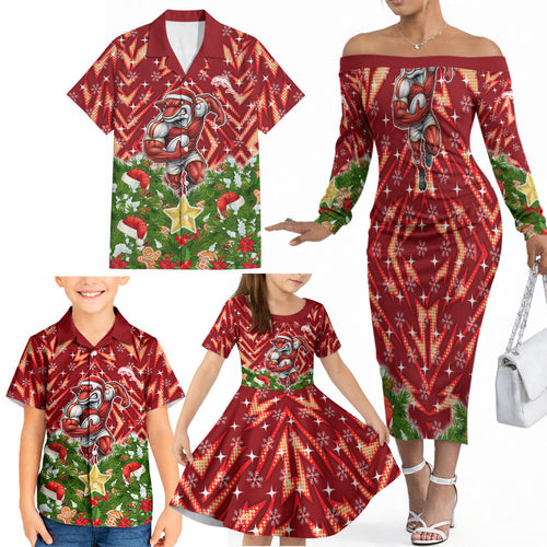 Personalised Dolphins Rugby Christmas Family Matching Off The Shoulder Long Sleeve Dress and Hawaiian Shirt Santa Rugby Mascot - Pine Wreath Festive