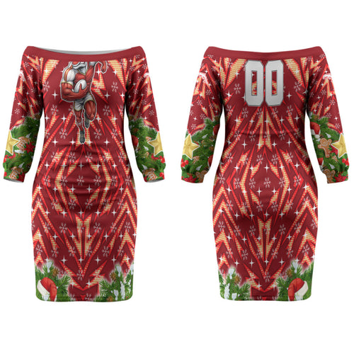 Personalised Dolphins Rugby Christmas Family Matching Off The Shoulder Long Sleeve Dress and Hawaiian Shirt Santa Rugby Mascot - Pine Wreath Festive