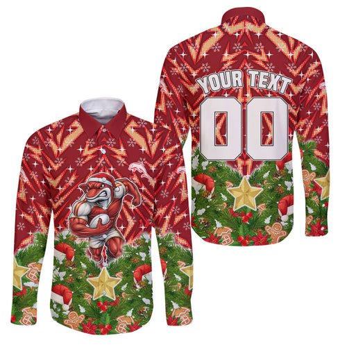 Personalised Dolphins Rugby Christmas Family Matching Off The Shoulder Long Sleeve Dress and Hawaiian Shirt Santa Rugby Mascot - Pine Wreath Festive