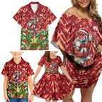 Personalised Dolphins Rugby Christmas Family Matching Off Shoulder Short Dress and Hawaiian Shirt Santa Rugby Mascot - Pine Wreath Festive