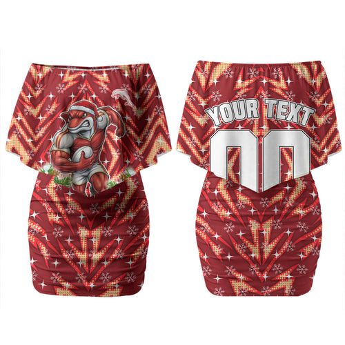Personalised Dolphins Rugby Christmas Family Matching Off Shoulder Short Dress and Hawaiian Shirt Santa Rugby Mascot - Pine Wreath Festive