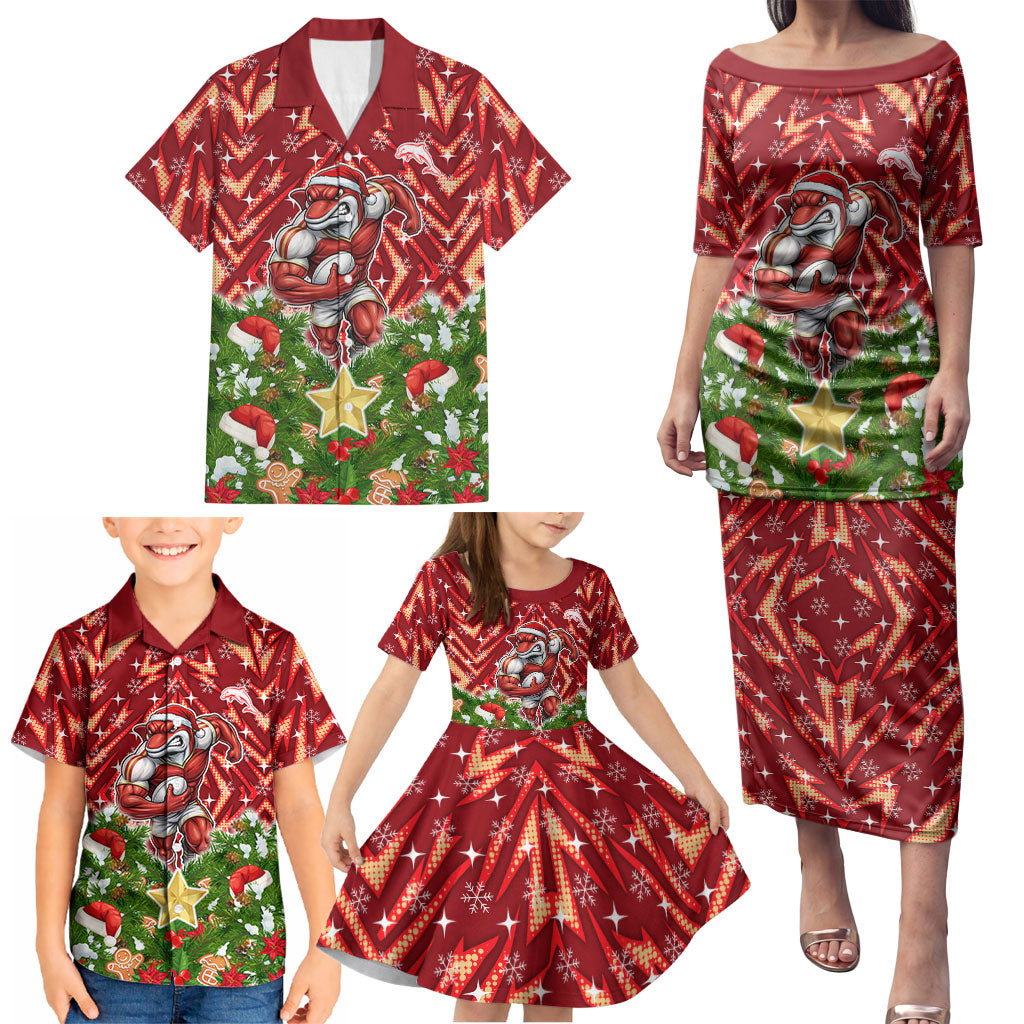 Personalised Dolphins Rugby Christmas Family Matching Puletasi and Hawaiian Shirt Santa Rugby Mascot - Pine Wreath Festive