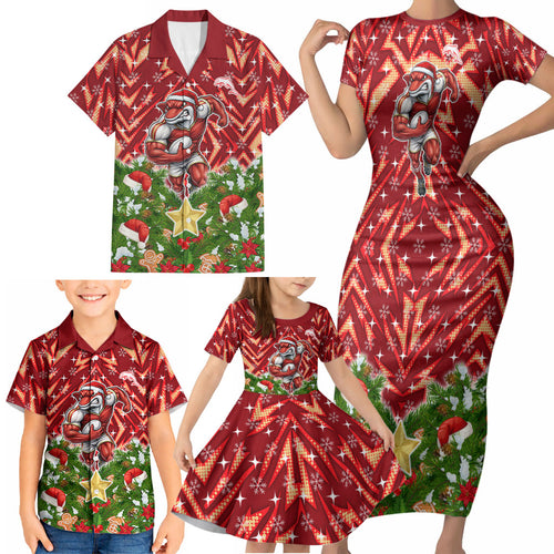 Personalised Dolphins Rugby Christmas Family Matching Short Sleeve Bodycon Dress and Hawaiian Shirt Santa Rugby Mascot - Pine Wreath Festive