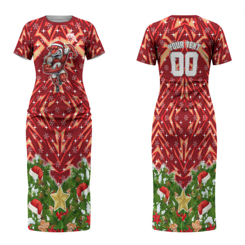 Personalised Dolphins Rugby Christmas Family Matching Short Sleeve Bodycon Dress and Hawaiian Shirt Santa Rugby Mascot - Pine Wreath Festive