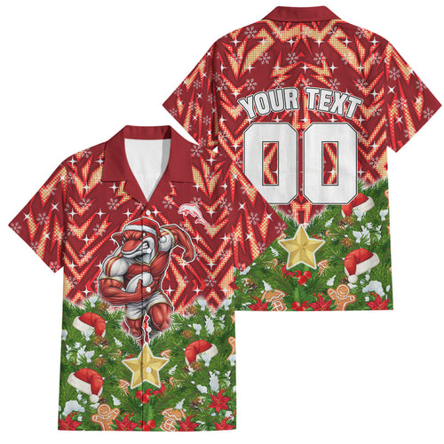 Personalised Dolphins Rugby Christmas Family Matching Short Sleeve Bodycon Dress and Hawaiian Shirt Santa Rugby Mascot - Pine Wreath Festive