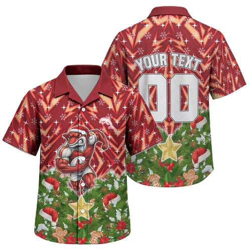 Personalised Dolphins Rugby Christmas Family Matching Short Sleeve Bodycon Dress and Hawaiian Shirt Santa Rugby Mascot - Pine Wreath Festive
