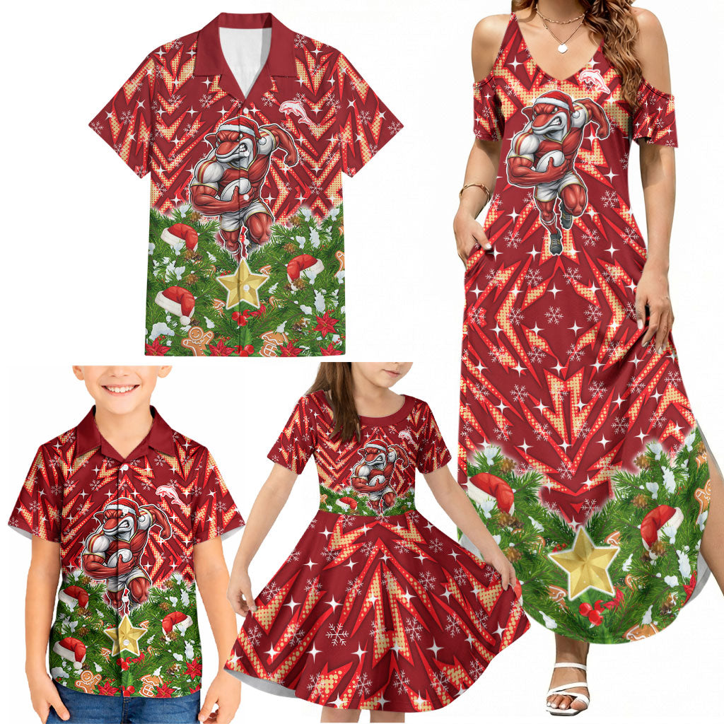 Personalised Dolphins Rugby Christmas Family Matching Summer Maxi Dress and Hawaiian Shirt Santa Rugby Mascot - Pine Wreath Festive