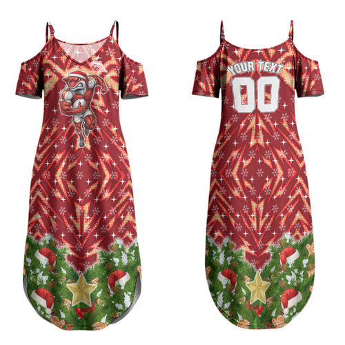 Personalised Dolphins Rugby Christmas Family Matching Summer Maxi Dress and Hawaiian Shirt Santa Rugby Mascot - Pine Wreath Festive