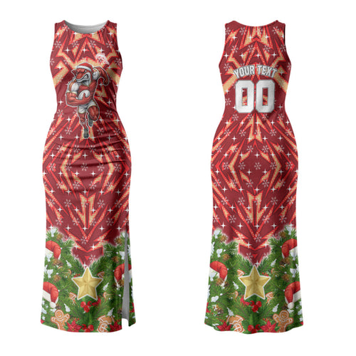 Personalised Dolphins Rugby Christmas Family Matching Tank Maxi Dress and Hawaiian Shirt Santa Rugby Mascot - Pine Wreath Festive