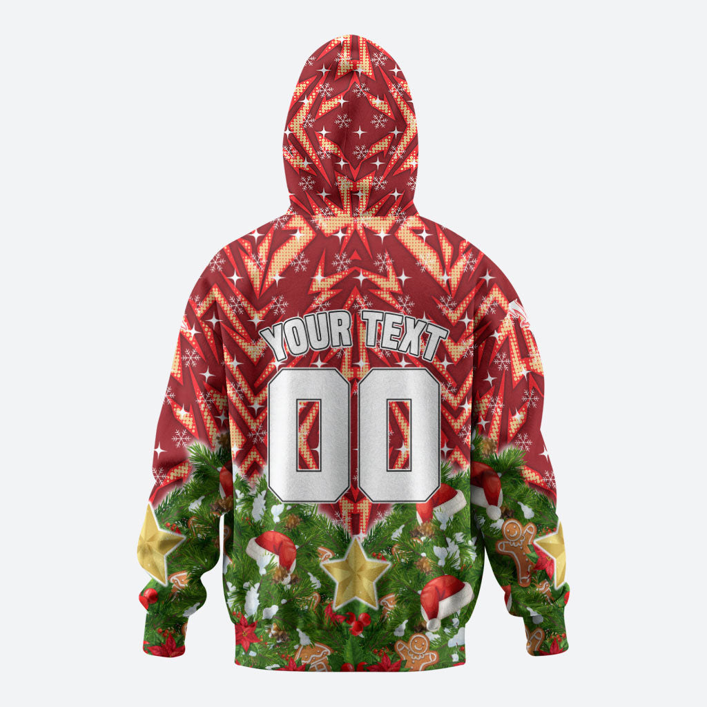 Personalised Dolphins Rugby Christmas Hoodie Santa Rugby Mascot - Pine Wreath Festive