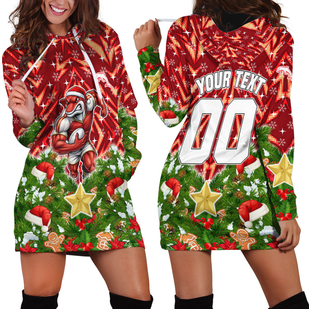Personalised Dolphins Rugby Christmas Hoodie Dress Santa Rugby Mascot - Pine Wreath Festive