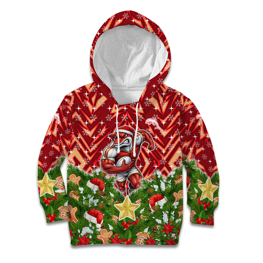 Personalised Dolphins Rugby Christmas Kid Hoodie Santa Rugby Mascot - Pine Wreath Festive