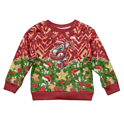 Personalised Dolphins Rugby Christmas Kid Ugly Christmas Sweater Santa Rugby Mascot - Pine Wreath Festive