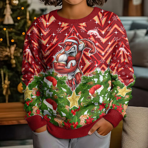 Personalised Dolphins Rugby Christmas Kid Ugly Christmas Sweater Santa Rugby Mascot - Pine Wreath Festive