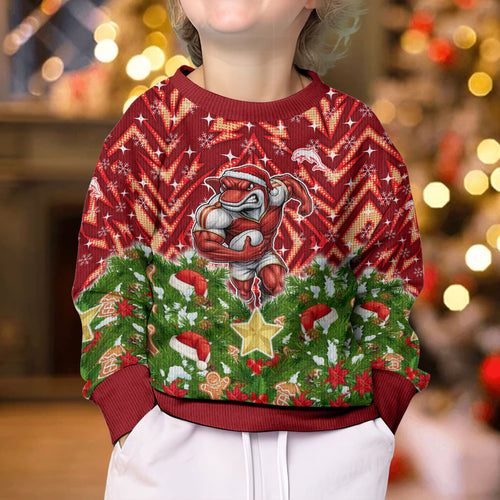 Personalised Dolphins Rugby Christmas Kid Ugly Christmas Sweater Santa Rugby Mascot - Pine Wreath Festive