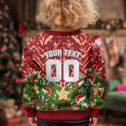 Personalised Dolphins Rugby Christmas Kid Ugly Christmas Sweater Santa Rugby Mascot - Pine Wreath Festive