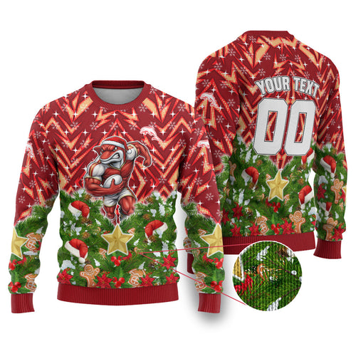 Personalised Dolphins Rugby Christmas Ugly Christmas Sweater Santa Rugby Mascot - Pine Wreath Festive