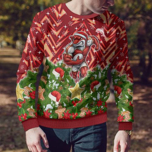 Personalised Dolphins Rugby Christmas Ugly Christmas Sweater Santa Rugby Mascot - Pine Wreath Festive