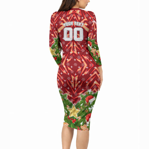 Personalised Dolphins Rugby Christmas Long Sleeve Bodycon Dress Santa Rugby Mascot - Pine Wreath Festive