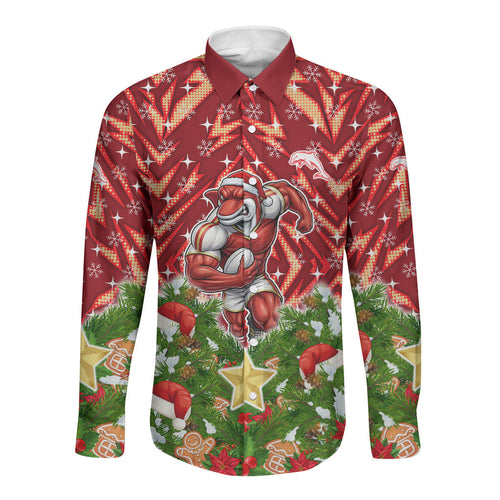 Personalised Dolphins Rugby Christmas Long Sleeve Button Shirt Santa Rugby Mascot - Pine Wreath Festive