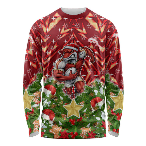 Personalised Dolphins Rugby Christmas Long Sleeve Shirt Santa Rugby Mascot - Pine Wreath Festive