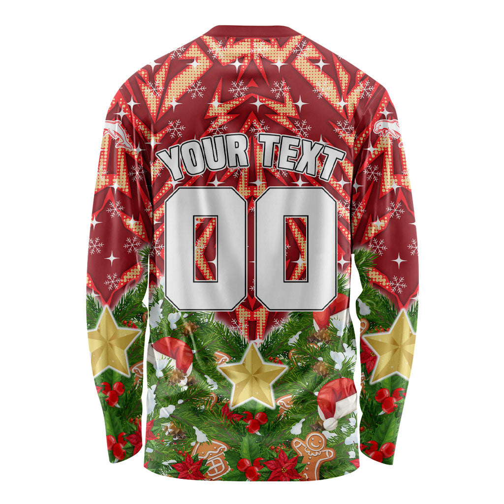 Personalised Dolphins Rugby Christmas Long Sleeve Shirt Santa Rugby Mascot - Pine Wreath Festive