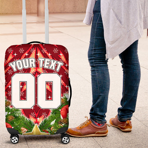 Personalised Dolphins Rugby Christmas Luggage Cover Santa Rugby Mascot - Pine Wreath Festive