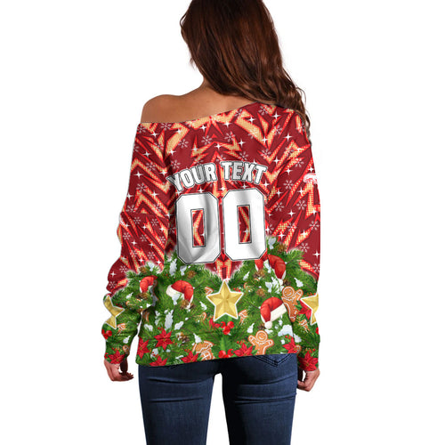 Personalised Dolphins Rugby Christmas Off Shoulder Sweater Santa Rugby Mascot - Pine Wreath Festive