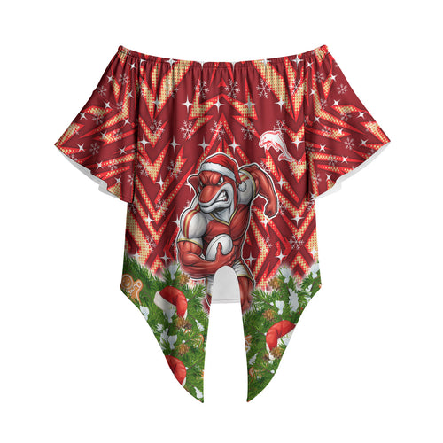 Personalised Dolphins Rugby Christmas Off Shoulder Wrap Waist Top Santa Rugby Mascot - Pine Wreath Festive