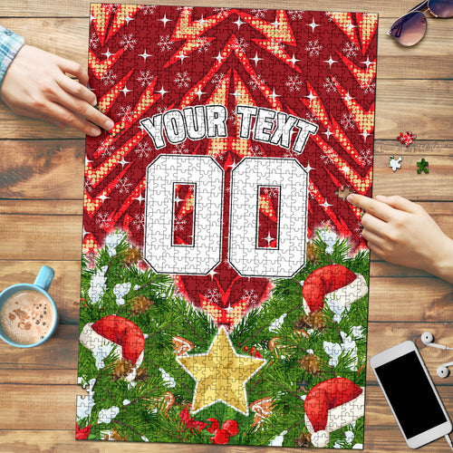 Personalised Dolphins Rugby Christmas Puzzle Santa Rugby Mascot - Pine Wreath Festive