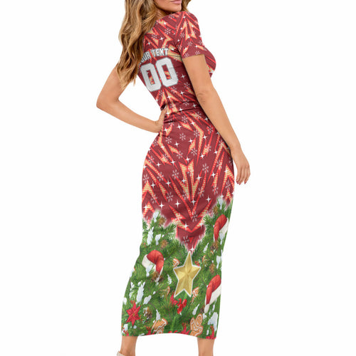 Personalised Dolphins Rugby Christmas Short Sleeve Bodycon Dress Santa Rugby Mascot - Pine Wreath Festive