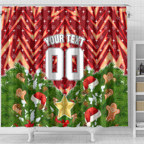 Personalised Dolphins Rugby Christmas Shower Curtain Santa Rugby Mascot - Pine Wreath Festive