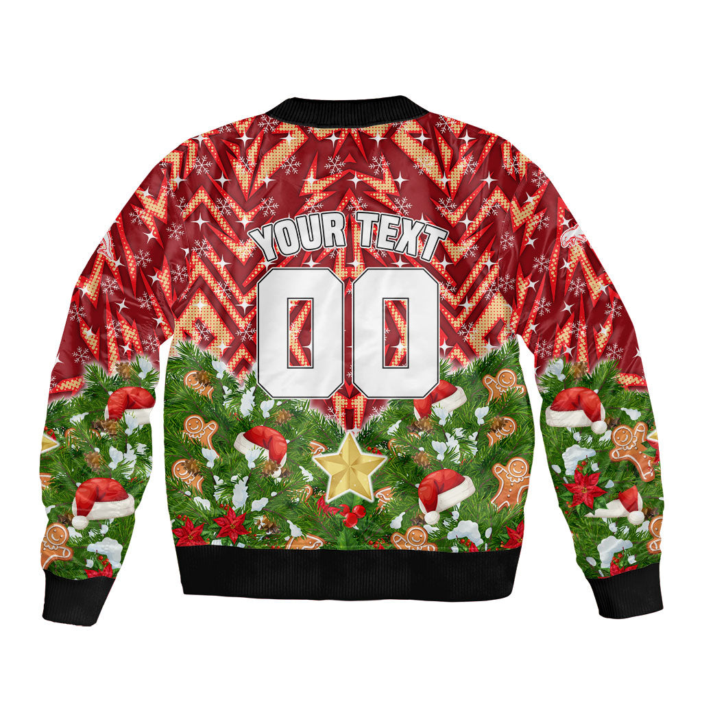 Personalised Dolphins Rugby Christmas Sleeve Zip Bomber Jacket Santa Rugby Mascot - Pine Wreath Festive