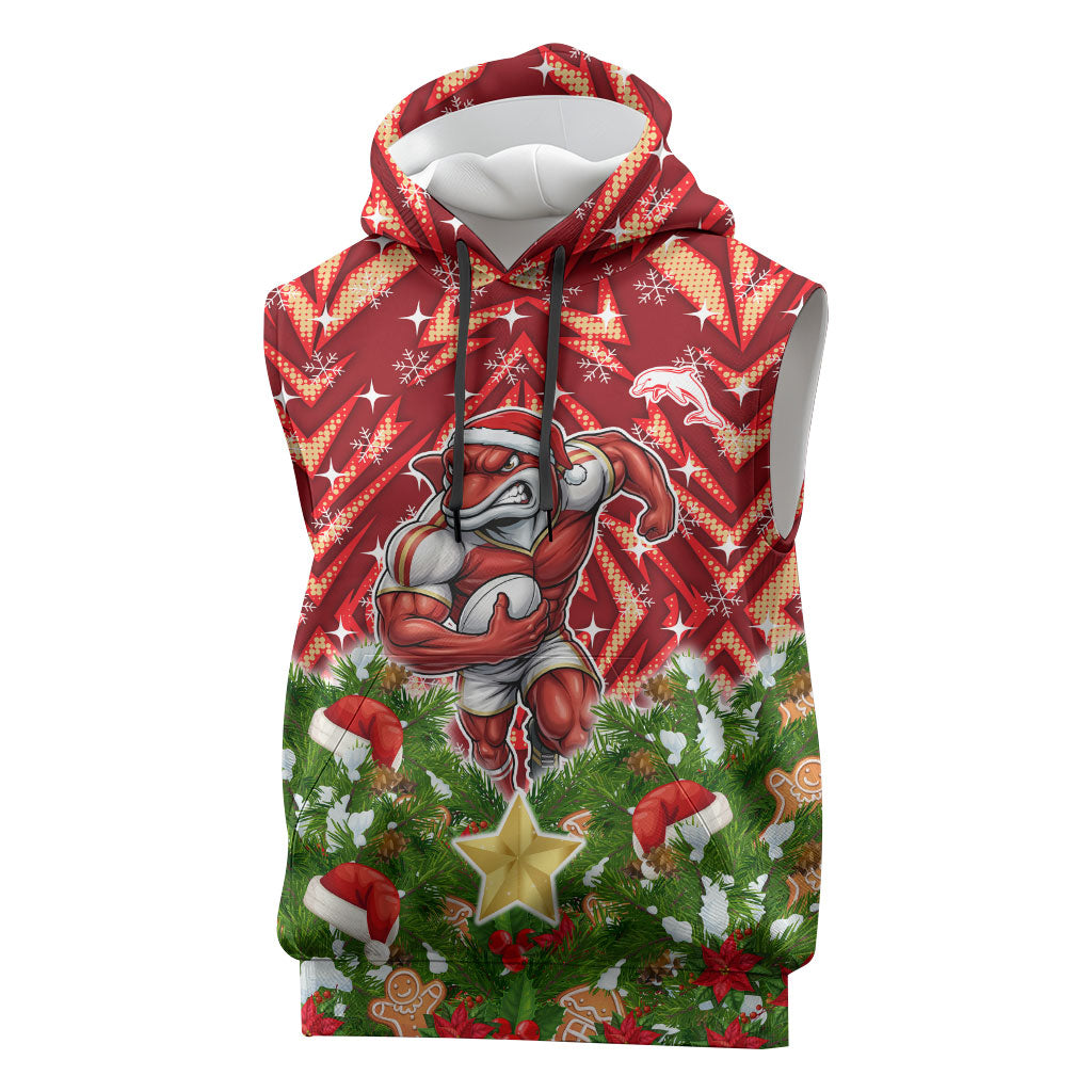 Personalised Dolphins Rugby Christmas Sleeveless Hoodie Santa Rugby Mascot - Pine Wreath Festive