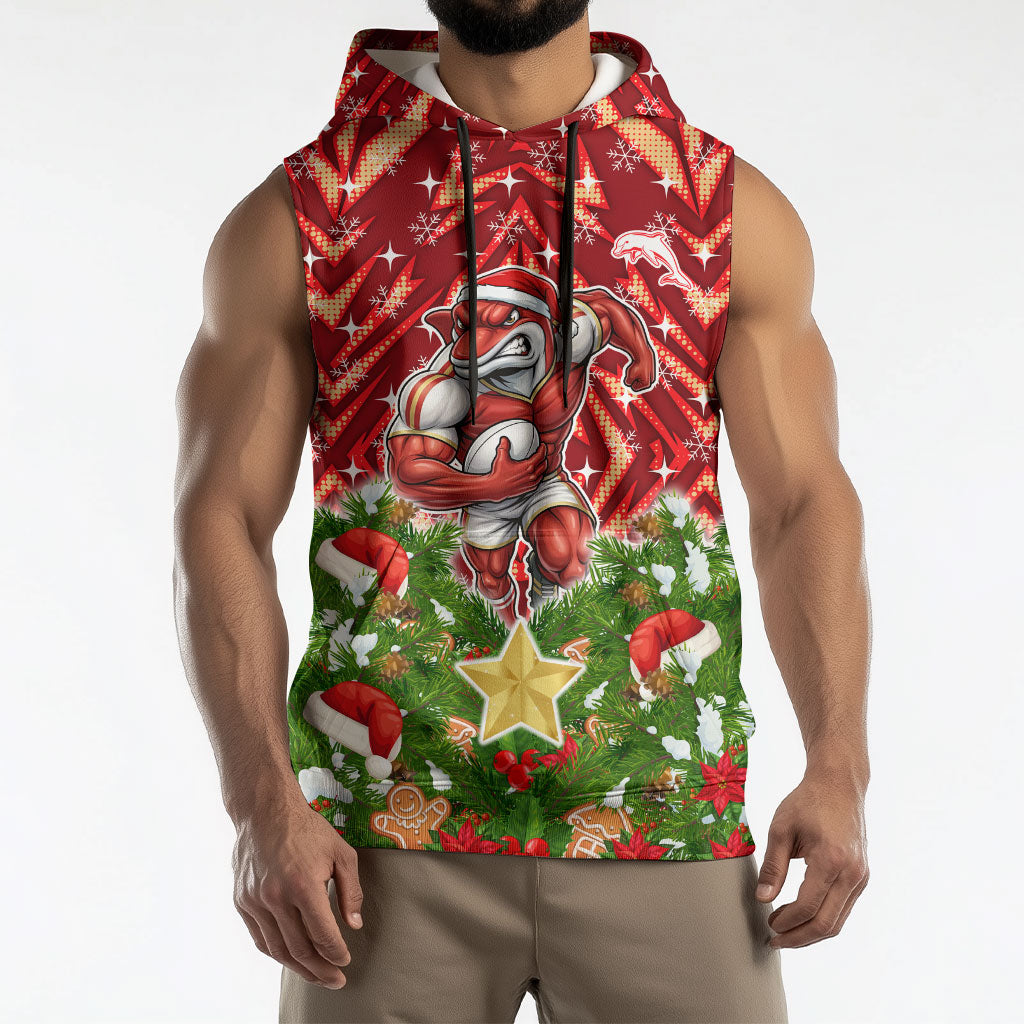 Personalised Dolphins Rugby Christmas Sleeveless Hoodie Santa Rugby Mascot - Pine Wreath Festive