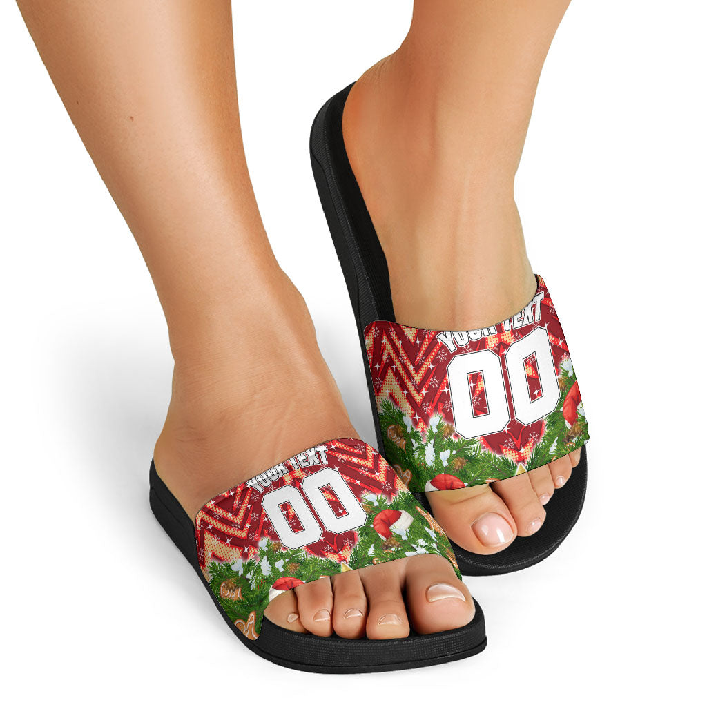 Personalised Dolphins Rugby Christmas Slide Sandals Santa Rugby Mascot - Pine Wreath Festive