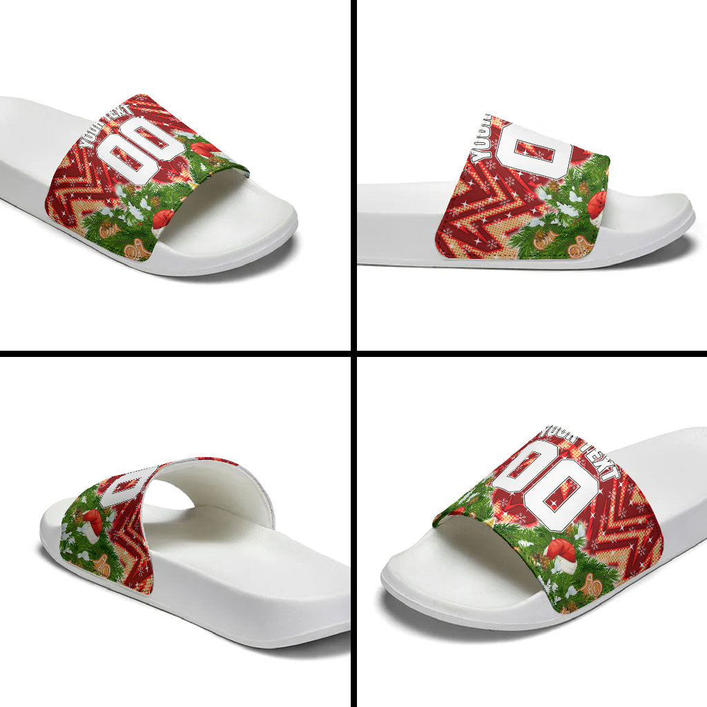 Personalised Dolphins Rugby Christmas Slide Sandals Santa Rugby Mascot - Pine Wreath Festive