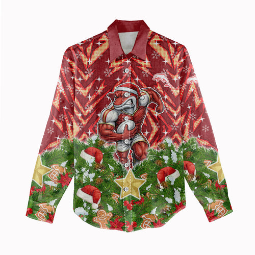 Personalised Dolphins Rugby Christmas Women Casual Shirt Santa Rugby Mascot - Pine Wreath Festive