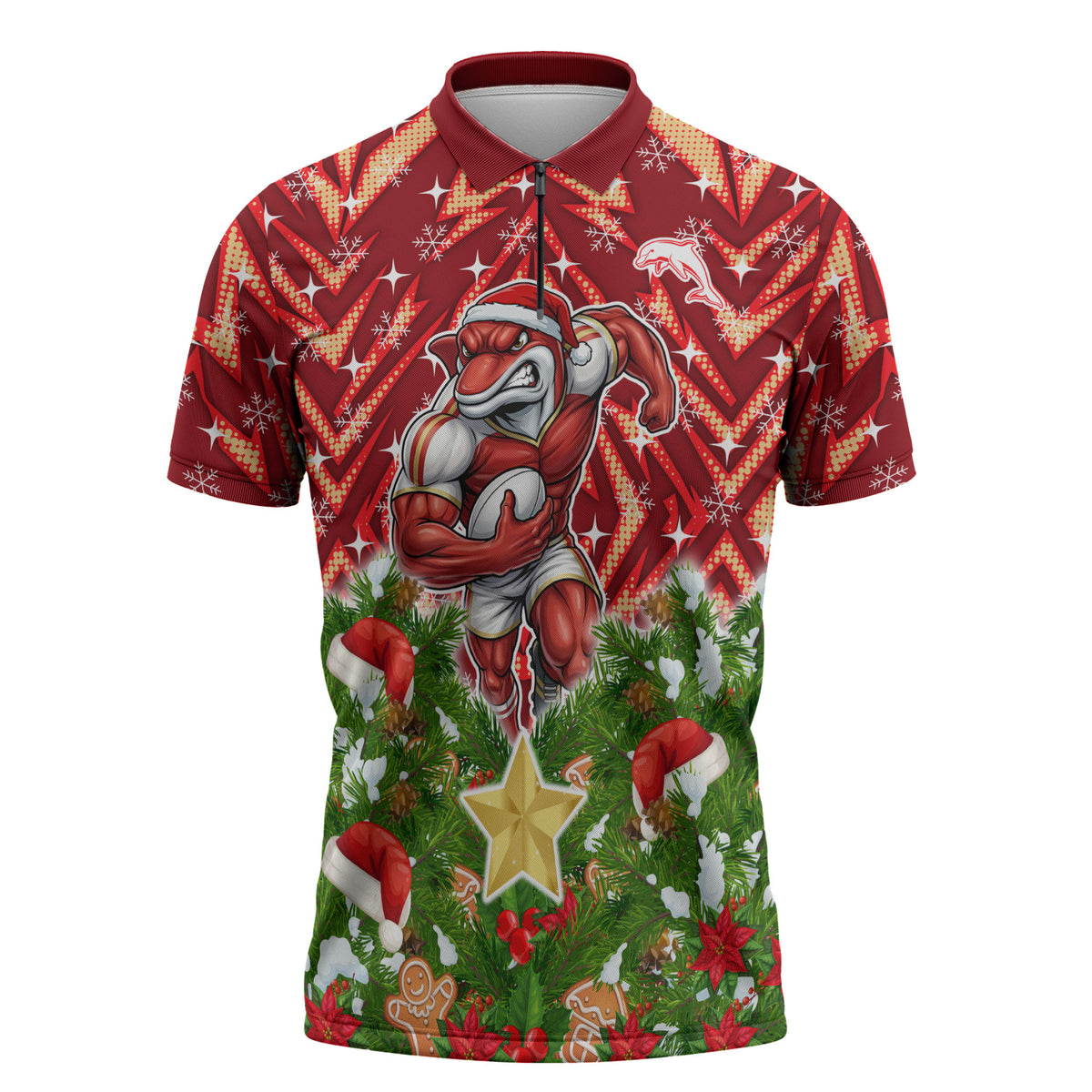 Personalised Dolphins Rugby Christmas Zipper Polo Shirt Santa Rugby Mascot - Pine Wreath Festive