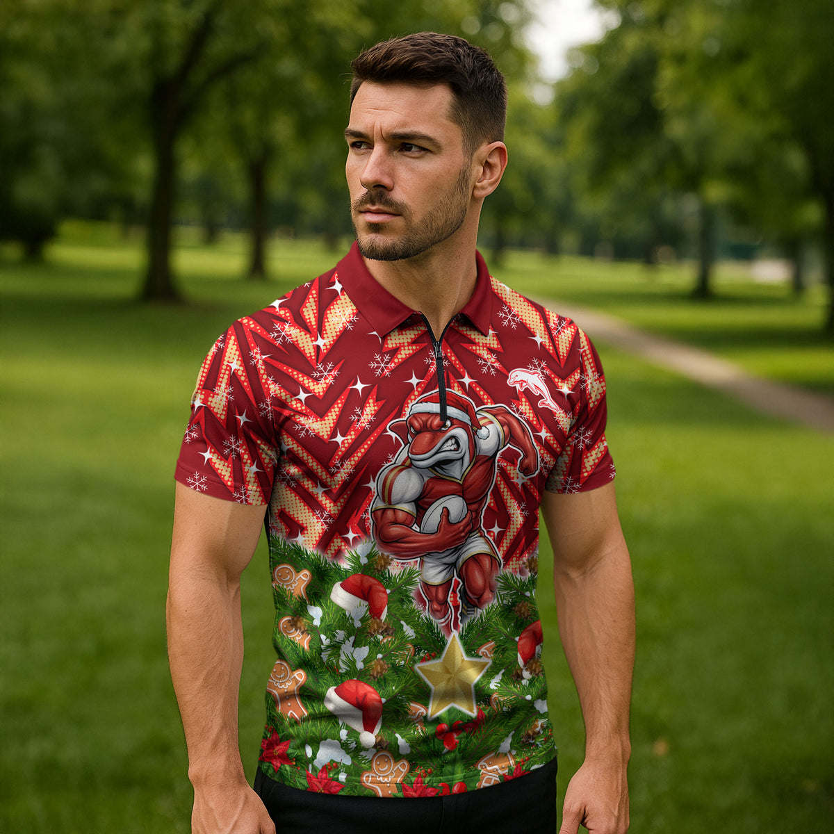 Personalised Dolphins Rugby Christmas Zipper Polo Shirt Santa Rugby Mascot - Pine Wreath Festive