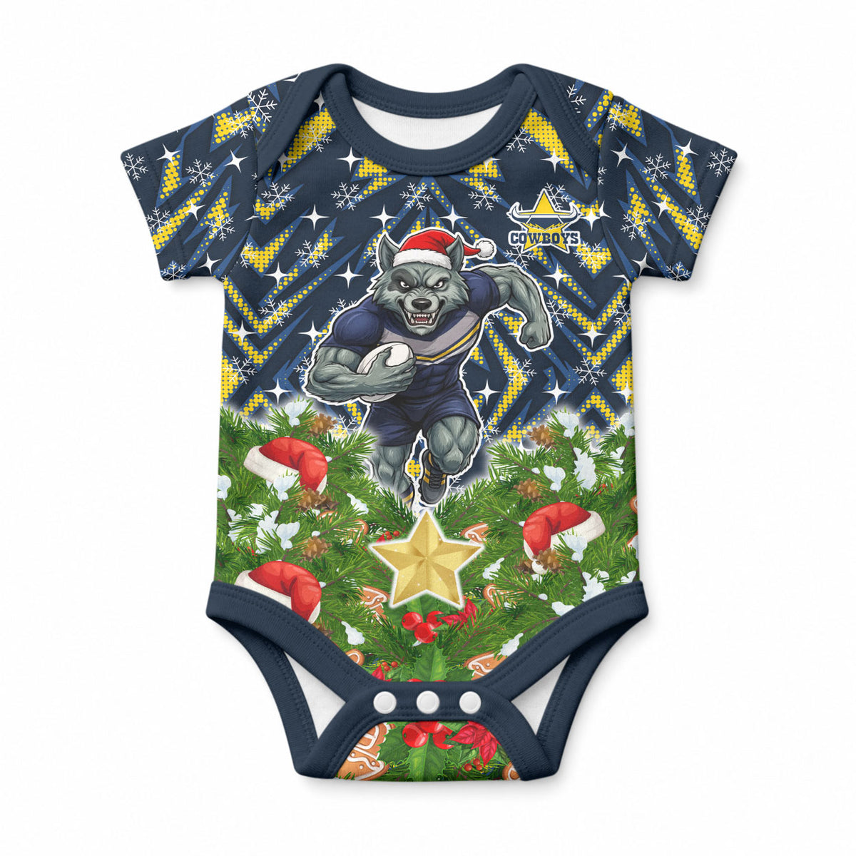 Personalised Cowboys Rugby Christmas Baby Onesie Santa Rugby Mascot - Pine Wreath Festive