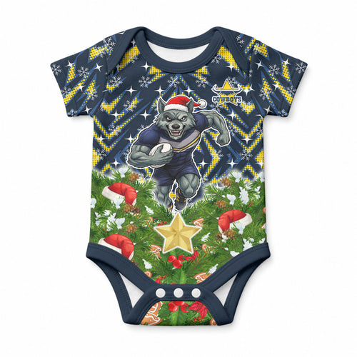 Personalised Cowboys Rugby Christmas Baby Onesie Santa Rugby Mascot - Pine Wreath Festive