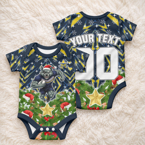 Personalised Cowboys Rugby Christmas Baby Onesie Santa Rugby Mascot - Pine Wreath Festive