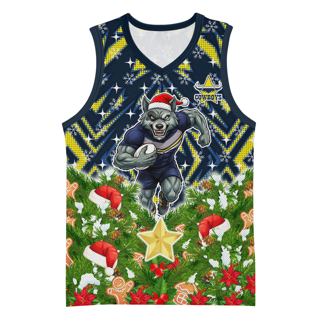 Personalised Cowboys Rugby Christmas Basketball Jersey Santa Rugby Mascot - Pine Wreath Festive
